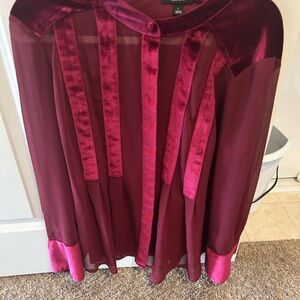 Adorable cranberry velvet and sheer baby doll top!